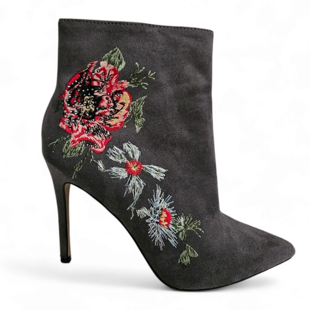 BEBE Grey Floral Embroidered Faux Suede Ankle Stilletto Heels
